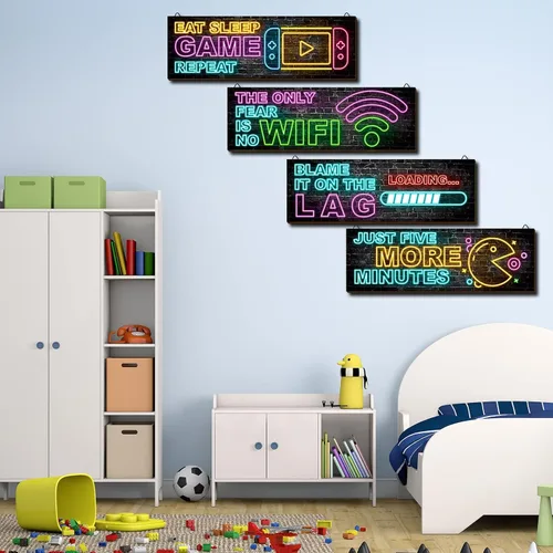 Miniatura 6 de clothmile 4 piezas de decoración de juegos de neón para la habitación de los niños, arte de pared de videojuegos de madera, cita motivacional