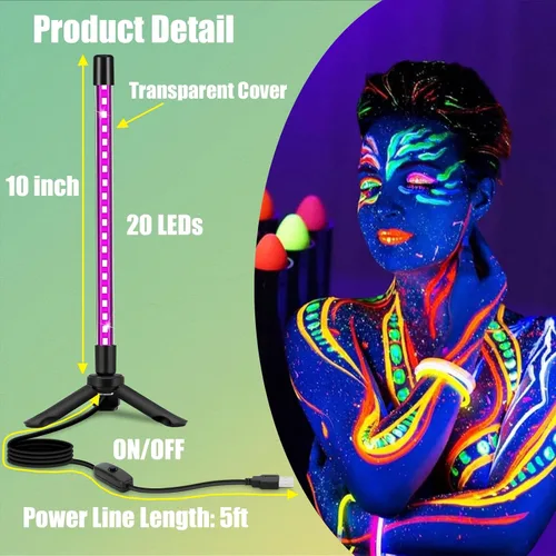 Miniatura 4 de Paquete de 1 barra de luz negra USB, luz negra LED portátil con soporte, interruptor, cable de 5 pies para fiesta de neón fluorescente, póster