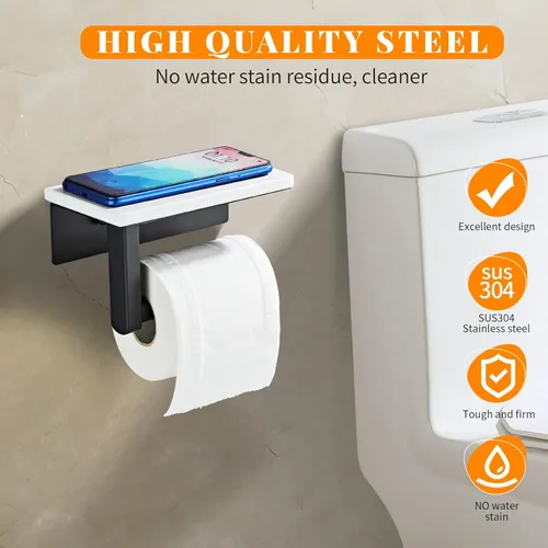 Miniatura 4 de Soporte de papel higiénico negro mate con estante, tornillo de acero inoxidable 304 montado en la pared, soporte de rollo de papel de mármol