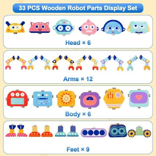 Miniatura 5 de Juego de bloques de construcción de robot de madera a presión, juguete Montessori STEM para desmontar, 33 piezas de juguete de aprendizaje