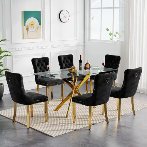 Miniatura 14 de Juego de mesa de comedor de cristal para cocina de 4, 5 piezas, mesa de comedor rectangular de 51 pulgadas con 4 sillas de cocina de terciopelo