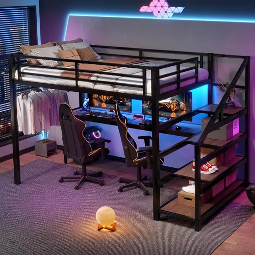 Miniatura 13 de Bellemave Cama alta individual XL con escritorio y escaleras de almacenamiento, marco de cama de metal individual XL con redes de hierro, luces LED
