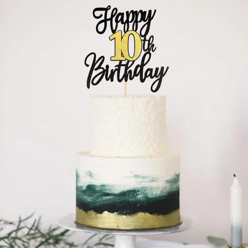Miniatura 5 de 1 PCS Decoración para Pastel Feliz Cumpleaños Número 10 Negro Dorado con Purpurina Brindis por 10 Años Selección de Pastel de Cumpleaños 10 Fabuloso
