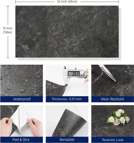 Miniatura 3 de FunStick – Azulejos de despegar y pegar de mármol de 12"x24", azulejos negros y grises, para pegar en el suelo, vinilo impermeable y removible