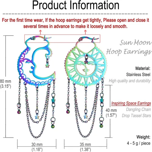 Miniatura 6 de Aretes asimétricos de sol y luna para mujer, aretes bohemios de arco iris, cadena de borla de estrella, aretes colgantes de acero inoxidable