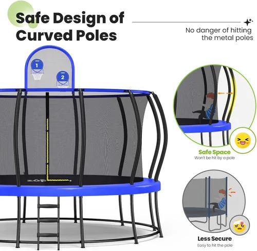 Miniatura 7 de Zupapa Trampolín de doble marco de capacidad de 1800 libras, 16, 15, 14, 12 pies, diseño de seguridad sin huecos, postes curvos y aro de baloncesto