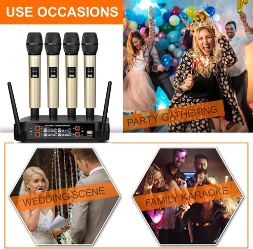 Miniatura 8 de Depusheng Micrófono inalámbrico DX4 con 4 micrófonos dinámicos UHF profesionales, sistema de micrófono de mano inalámbrico para karaoke, canto