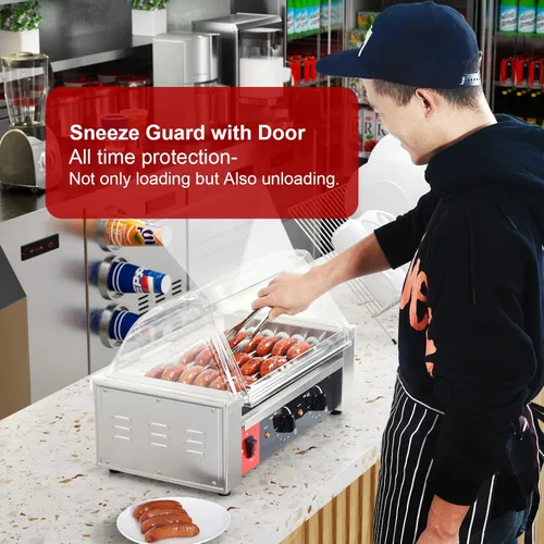 Miniatura 2 de CROSSON Hot Dog - Máquina de cocina con 7 rodillos con protector de estornudos transparente, 7 rodillos antiadherentes 304SS y control