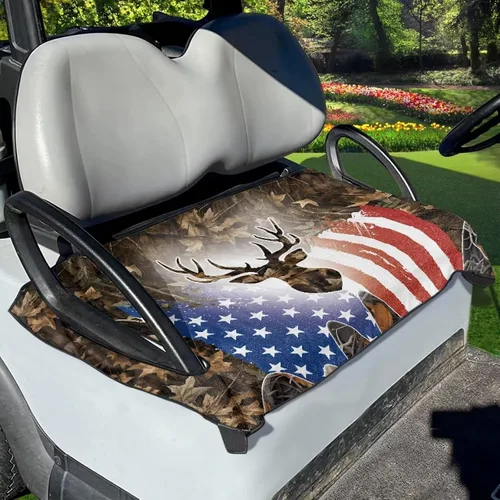 Miniatura 3 de Fundas de asiento de carrito de golf con diseño de hojas de ciervo y bandera estadounidense, funda de asiento reutilizable anticalor, protector