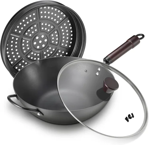FGJ Wok, wok de 13 pulgadas de acero al carbono con vaporera y sartenes para saltear sin adherencia, woks chinos pre-curados de 5.8QT de fondo plano