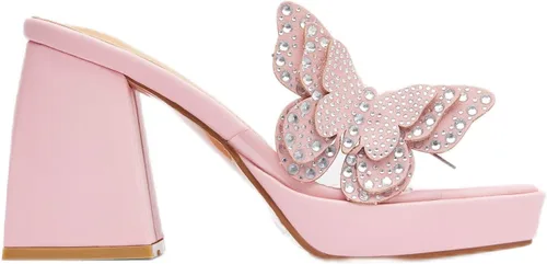NEWBELLA Sandalias de tacón alto de mariposa con diamantes de imitación, tacones gruesos con punta cuadrada abierta, pantuflas de verano sin