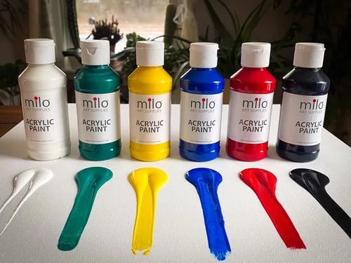 Miniatura 5 de milo Juego de pintura acrílica de 6 colores Botellas de 4 onzas Paquete de pintura acrílica de colores primarios para estudiantes Hecho