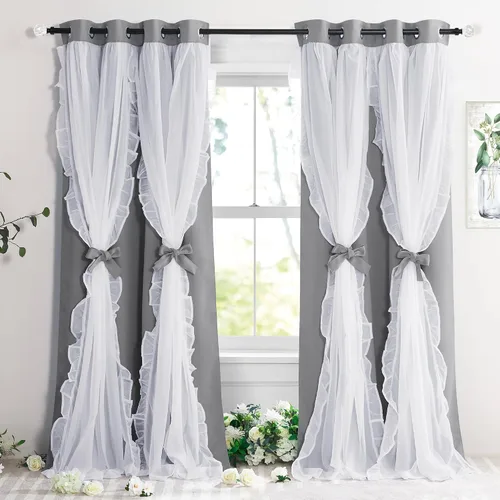 Miniatura 21 de PONY DANCE Cortinas con Volantes de Doble Capa con Superposición Transparente, Decoración Elegante para Ventanas de Diseño Rústico Francés de Campo