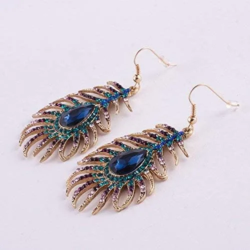 Miniatura 2 de Frogwill Pendientes colgantes de cristal para mujer con diseño de plumas de pavo real