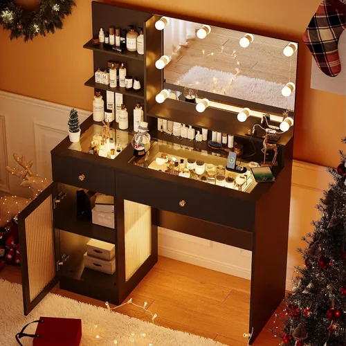 Miniatura 2 de INNOD Escritorio de tocador de 40 pulgadas con espejo grande y luces, moderno juego de tocador de maquillaje con tapa de vidrio con toma