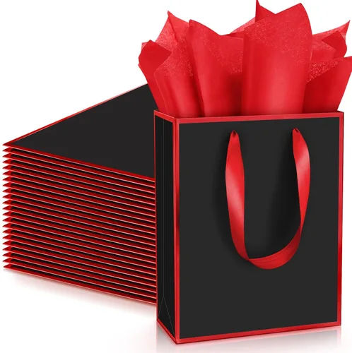 Miniatura 30 de Yeaqee Paquete de 24 bolsas de regalo de papel metálico con asa y papel de seda de 9 x 7 x 3.1 pulgadas, bolsas de favor de bienvenida con papel