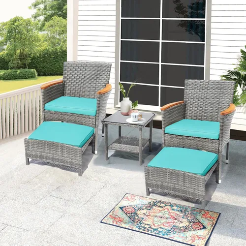 Miniatura 9 de Juego de 5 muebles de patio al aire libre con mesa y otomana para exteriores, juego de patio de mimbre bistró