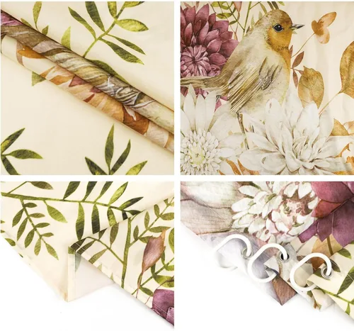 Miniatura 3 de LB Cortina de ducha de flores blancas y moradas para baño, lindo pájaro y hojas de otoño sobre tela beige con ganchos, juego botánico floral