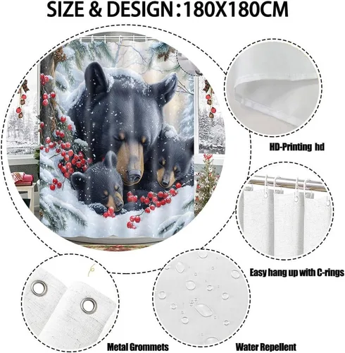 Miniatura 3 de Wathon Cortina de Ducha de Oso Negro de Invierno Escena Nevada Cortina de Baño con Osos Abrazándose Rodeados de Nieve y Bayas Rojas, Decoración