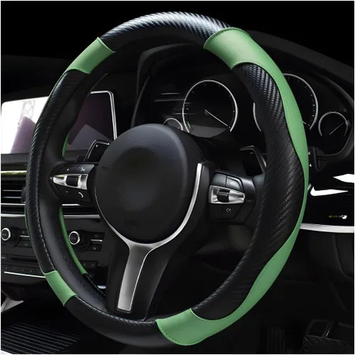 Miniatura 15 de DXNQ Funda para volante de automóvil, 15 pulgadas de fibra de carbono con costuras de piel, protector de volante de color, antideslizante, elástica