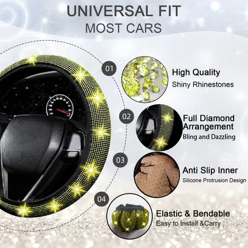 Miniatura 4 de NBTEPEM 27 piezas de juego de accesorios brillantes para auto en color aguamarina para mujeres, fundas para volante de ajuste universal de 15