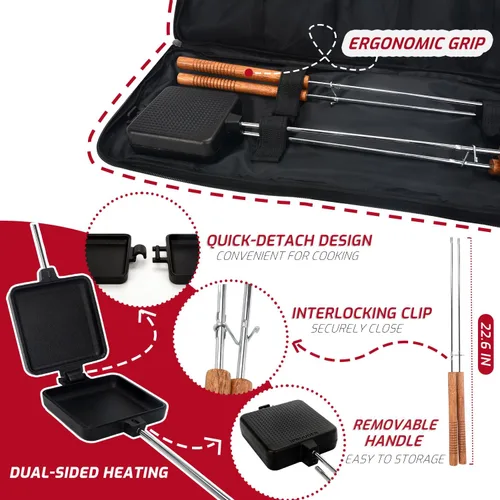 Miniatura 5 de Campfire Pie Iron - Sandwichera grande de hierro fundido de 4.9 pulgadas para camping, 2 piezas con bolsa de almacenamiento, asas gruesas de 22.6