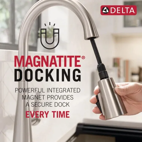 Miniatura 5 de Grifo de Cocina Delta Kate de Níquel Cepillado con Rociador Extraíble y Dispensador de Jabón, Grifo Moderno de Fregadero de Cocina de Dos Orificios