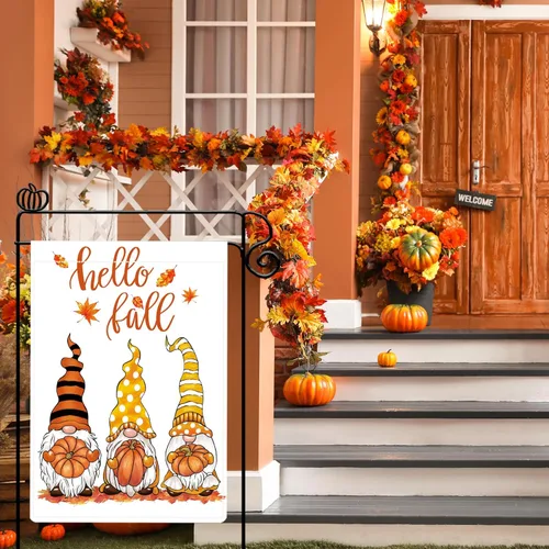 Miniatura 2 de Bandera de jardín de gnomos de Hello Fall para exteriores, bandera de calabaza de gnomos de otoño, banderas de otoño de 28 x 40 pulgadas, doble