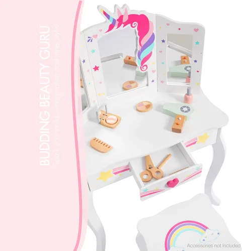 Miniatura 4 de Spirich Vanidad para niños, juego de tocador para niñas con espejo, taburete y luces, juego de mesa y silla de tocador para niños, mesa de tocador