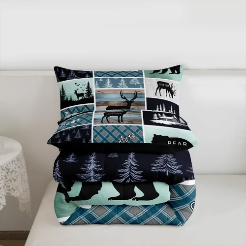 Miniatura 7 de Juego de edredón de oso y ciervo, tamaño individual, ropa de cama de animales salvajes de caza, colcha rústica de cabaña, casa de campo, cuadros