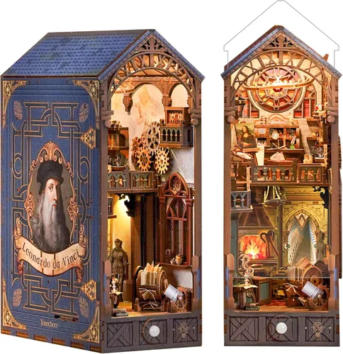 Tonecheer Kit de rincón de libros para adultos, rompecabezas 3D de madera, kit de casa en miniatura, estante de libros para casa de muñecas, soporte