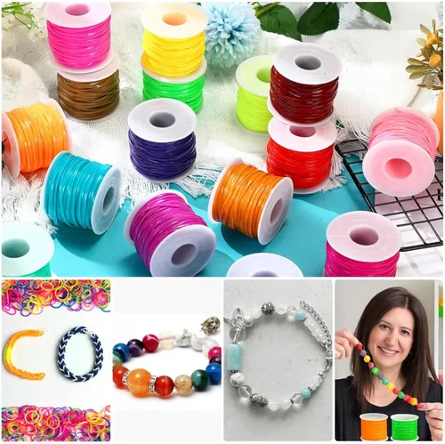 Miniatura 5 de Janinka Cuerda de cordón, 24 rollos de cuerda de plástico con 24 cierres de langosta, llaveros y clips de cordón o pulseras de amistad, fabricación