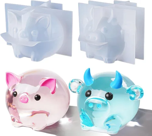 LET'S RESIN Moldes de resina de animales, lindos moldes de silicona de figura de cerdo y vaca para resina epoxi, moldes de resina redondos 3D
