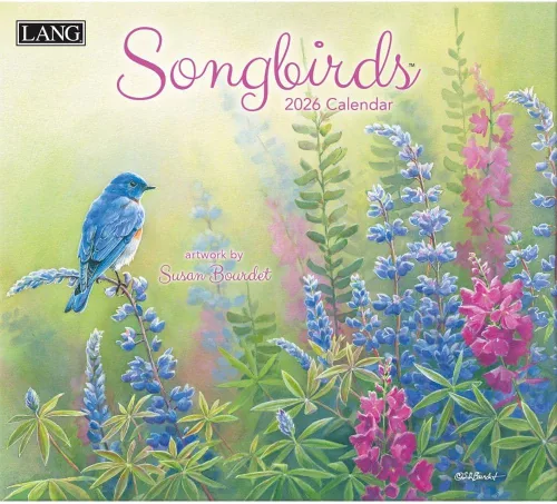 Lang Songbirds 2026 - Calendario de pared – 34 x 30,5 cm, calendario de 12 meses con encuadernación grapada, arte en relieve de lino de Susan