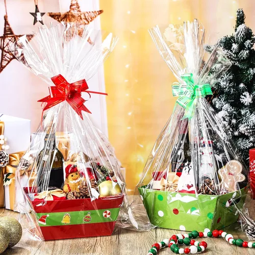 Miniatura 2 de Cholemy Kit de 24 cestas – Bandejas, bolsas y lazos de papel kraft vacíos – Cinturón de elfo y cestas de cartón de caramelo con asas
