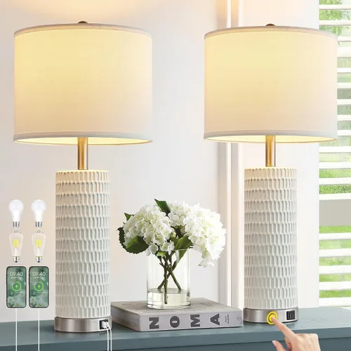 Miniatura 8 de Reaketon Juego de 2 lámparas blancas de 67.3 cm para recámara, lámparas de mesa modernas para sala de estar con puertos USB C+A, lámparas táctiles