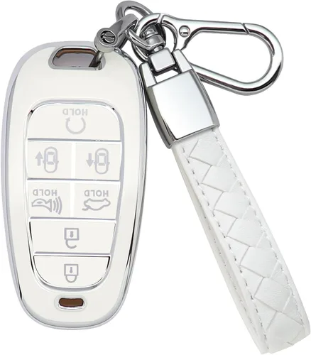 Funda para llavero Hyundai de 7 botones con llavero de cuero, TPU suave, protección de 360 grados, funda para llave de automóvil, compatible con B: