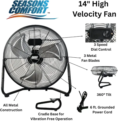 Miniatura 5 de Seasons Comfort Ventilador resistente de alta velocidad de 14 pulgadas 60 Watt, Heavy Duty Fan, ETL Listed, 3 Speed Air Circulator with 360 Degree