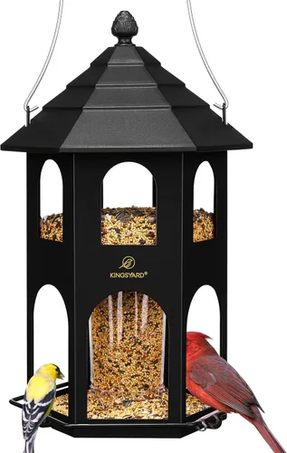 Miniatura 7 de Kingsyard Comedero de metal para colgar en exteriores, comederos para pájaros silvestres con percha circular, fácil de limpiar y rellenar, gran Rojo