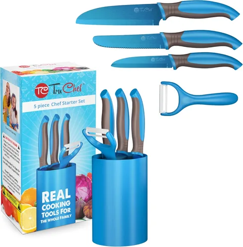 Miniatura 10 de TruChef Juego de cuchillos para niños para cocina real, juego de chef seguro para la piel para mayores de 3 años con cuchillas de arcoíris, tabla