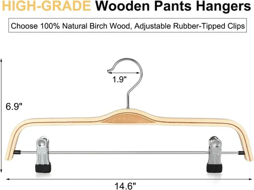 Miniatura 2 de Perchas de madera para pantalones TOPIA HANGER, perchas delgadas de madera natural para faldas con gancho antióxido y clips metálicos ajustables