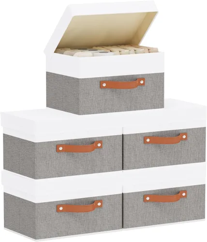 Miniatura 10 de Contenedor de almacenamiento de tela, cesta de almacenamiento con tapas, caja organizadora de armario con asas para zapatos, libros, toallas, blanco