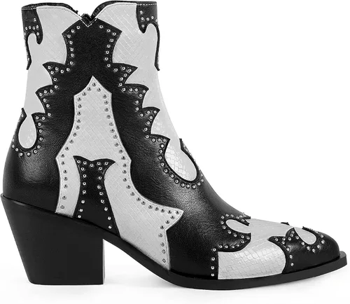 Miniatura 2 de ANN CREEK Botas vaqueras de tobillo para mujer, botas vaqueras con remaches, botas vaqueras con remaches para mujer, tacón bajo y grueso, botas
