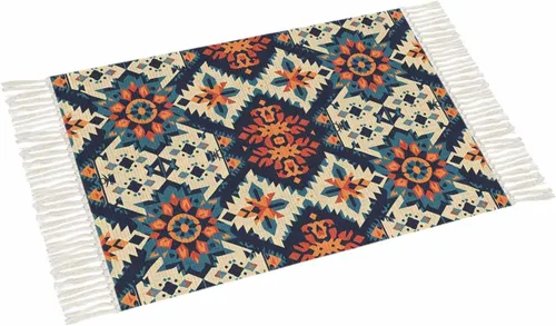 Miniatura 12 de Tassel Hand Woven Area Rug Retro Bohemia Navy Blue Pattern Entryway Rugs Washable Throw Mat,Tassel Carpets for Livingroom Kitchen Bedroom Dorm Decor