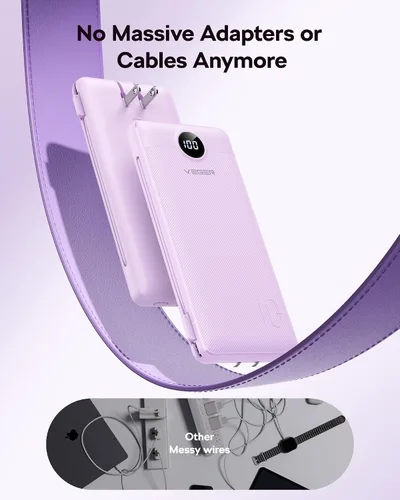 Miniatura 8 de VEGER Cargador portátil con enchufe de pared AC, cargador portátil delgado de 10000 mAh con cables incorporados, banco de energía USB C de 15W