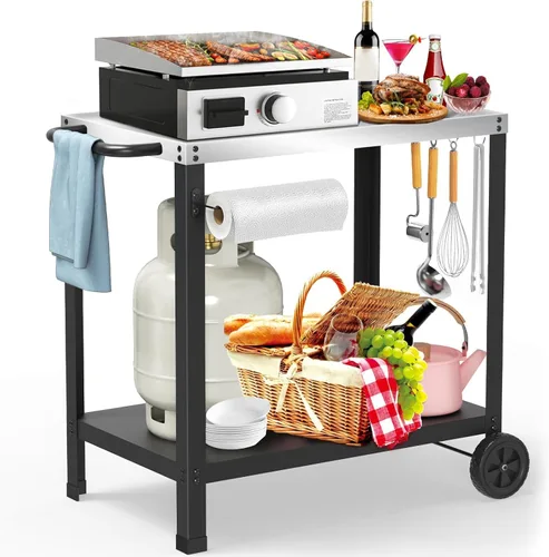 Miniatura 8 de Mesa de parrilla de 32x20 Pulgadas con Dobles Estantes, Carro de Parrilla al Aire Libre para Plancha Blackstone, Carro de Mesa de Horno de Pizza