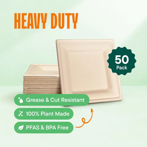 Miniatura 2 de Platos de papel cuadrados 100% compostables [paquete de 50] – {Sin PFAS} – {Certificado BPI} – [6 pulgadas] – Platos de cena de bagazo