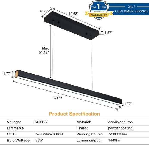 Miniatura 8 de Lámpara colgante lineal LED de 39.37 pulgadas, luz de mesa de billar regulable de 36 W, luces modernas de isla para cocina, comedor, sala de estar
