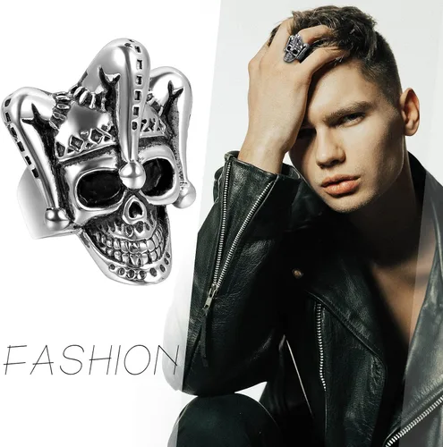 Miniatura 5 de Flongo Anillo punk de acero inoxidable plateado negro gótico Joker payaso anillo para hombre