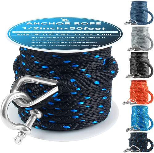 Miniatura 12 de Cuerda de anclaje premium de 100 pies x 3/8 pulgadas, cuerda marina de línea de anclaje MFP trenzada sólida con dedal y grillete, color negro